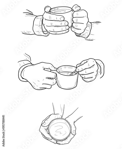 A hand holding a cup of coffee or tea, a set of hand-drawn sketches. Vector illustration. Line drawing isolated on a white background. Concept for takeaway food, coffee, and quick breakfast. Not AI