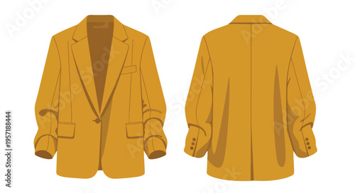 Stylish professional golden yellow blazer presented with both front and rear views, showcasing modern fashion apparel design elegance and