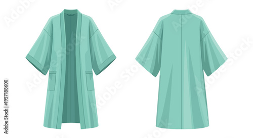 Illustrative vector art depicting a serene teal colored open front robe with pockets from both frontal and rear perspectives, showcasing comfortable