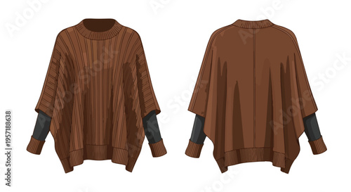 A detailed vector illustration showcasing a comfortable and stylish brown knitted poncho with fitted dark sleeves from front and back views, perfect