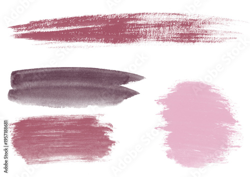 Set of abstract pink and burgundy acrylic brush strokes on transparent background. Isolated artistic paint smears for makeup design and wedding decor.