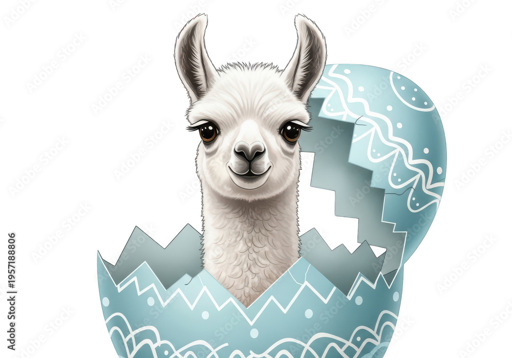Obraz premium Charming white llama head with long eyelashes playfully peeking out from a cracked blue Easter egg, adorned with white patterns, isolated on transparent background.