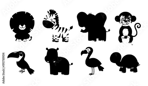 Cute jungle animals vector set with lion zebra elephant monkey hippo birds and turtle
