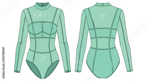 Flat technical illustration of a mint green long-sleeve high-neck bodysuit featuring intricate paneling. Both front and back views are meticulously
