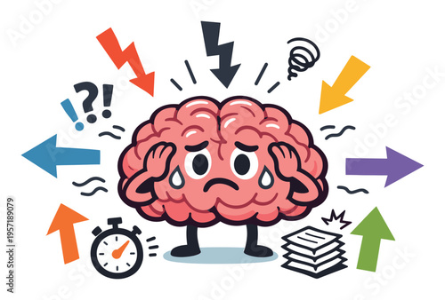 Illustration of a stressed cartoon brain, with arrows, lightning symbols, a timer, and paperwork symbolizing a flood of demanding tasks