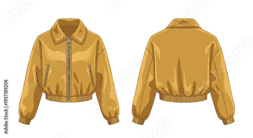 Stylish gold cropped bomber jacket with ribbed cuffs and hem, presented in a crisp vector illustration showing both front and detailed back views.