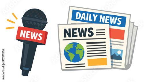Reporter's microphone with a news flag next to a stack of newspapers showing a globe and headlines about daily news