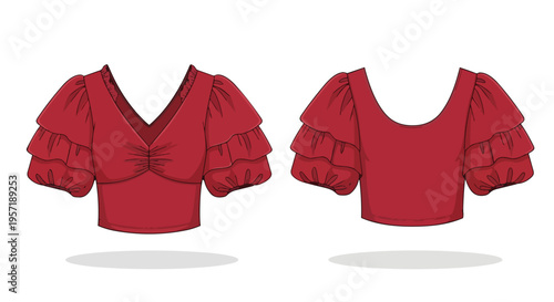 Elegant vibrant red women's fashion blouse featuring a sophisticated V-neck and stylish tiered puffed sleeves from both front and back perspectives