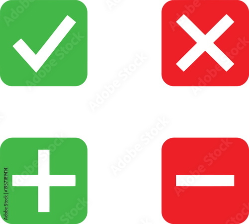 A set of four colorful square icons displaying check mark, cross mark, plus and minus symbols Vector