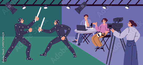 People make movie production. Recording of battle scene, actors with markers on green background, director, cameraman, professional lighting and camera garish vector cartoon flat concept