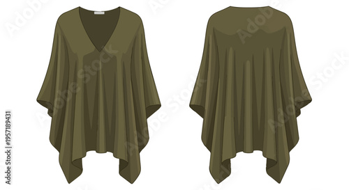 Minimalist olive green v-neck flowing draped poncho style tunic illustration showcasing front and back views for fashion design and apparel pattern