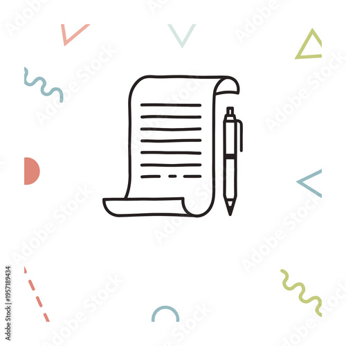 Vector of a scrolled document with handwritten lines and a pen placed over it