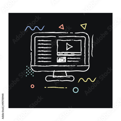 Vector of a computer monitor displaying video content with colorful doodle elements on a black background