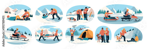 Mountains rescuers with equipment. Avalanche risk, people and dogs looking for victims in snow, evacuation for injured hikers, emergency transportation of wounded, tidy vector cartoon set