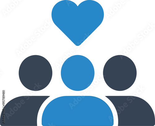 A minimalist flat vector icon featuring a central blue heart symbol hovering above three people Vector