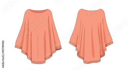 Relaxed peach-colored poncho flat sketch showing front and back views for fashion design