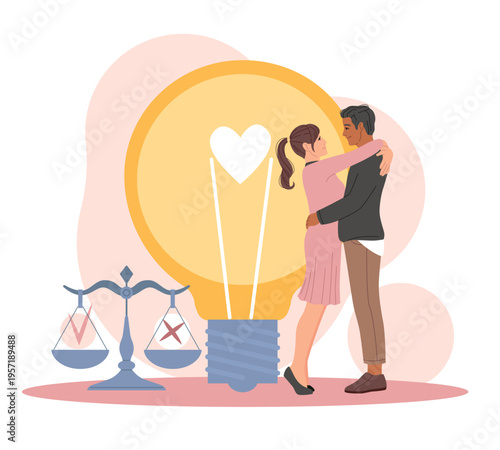 Moral principles. Ethical standards, social pressure, couple in love, treason, romantic relationship, decision scales, emotional support and partnership balance vector cartoon flat concept