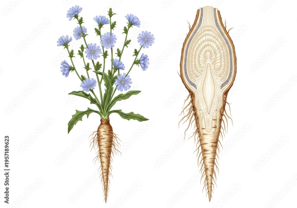 Fototapeta premium Detailed botanical illustration of a chicory plant showing its root system and delicate blue flowers, with a cross-section of the taproot revealing its internal structure and fibrous texture on a whit