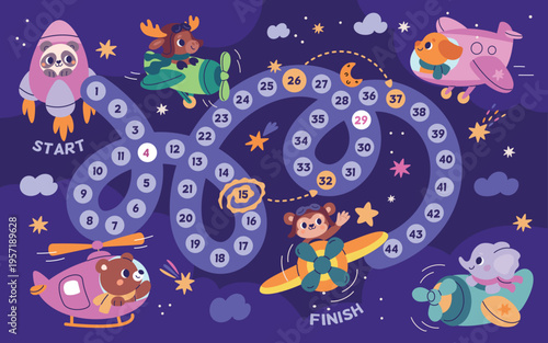 Kids game walker. Childish turn based dice game, printed board entertainment, animals on various flying vehicles, playful learning travel adventures garish vector cartoon flat style concept