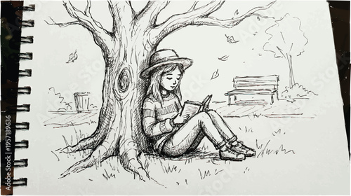 Hand-drawn sketch of a young woman reading a book under a tree in a park, black and white ink illustration