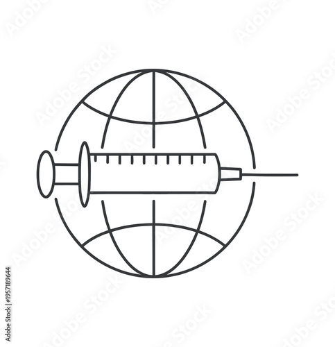 Vector of a globe with a medical syringe positioned horizontally across the center of the earth