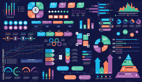 Infographics flat elements. Apps and web assets, bright simple colorful icons, tables, diagrams, charts and graphs interface elements, presentation design, qualitative vector isolated set