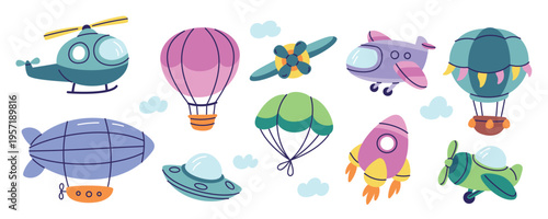 Funny air transport. Kids toys, cartoon planes, airships, hot air balloons, cute helicopters in sky, childish style flying aviation vehicles in clouds, playful elements, garish vector set