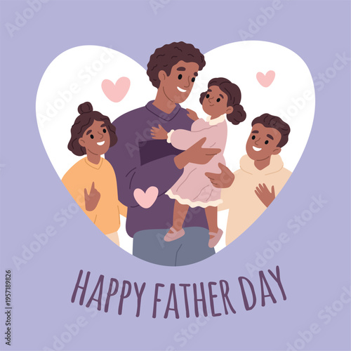 Father day greeting card. Happy dad surrounded by children, siblings congratulate parent, smiling children, family together celebration holiday design garish vector cartoon isolated concept