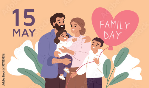 Family day greeting card. Happy people hug, parents with children, care and love, cute mom, dad, soon and daughter together, holiday banner design, garish vector cartoon isolated concept