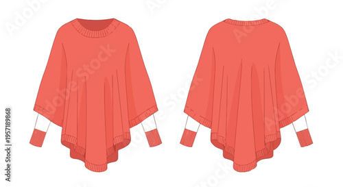 Flat technical drawing of a modern coral red poncho with white long sleeves. Front and back views for fashion design and apparel development. A