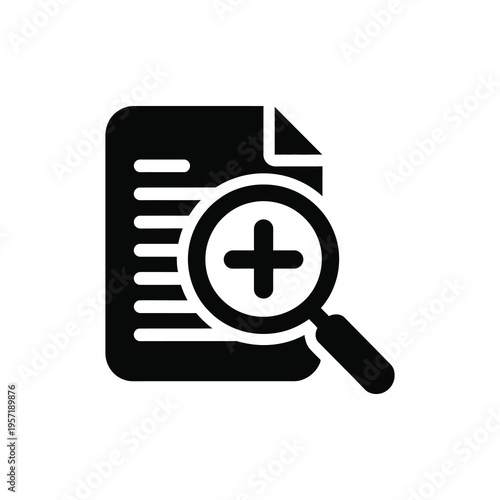 Vector featuring a magnifying glass examining a document with a plus sign inside