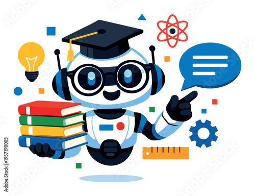 Friendly AI robot with a graduation cap and books, indicating advanced artificial intelligence in education and future learning