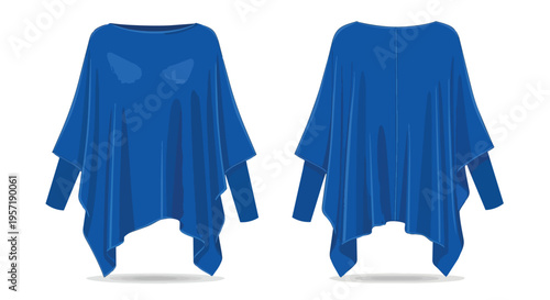 Elegant sapphire blue women's tunic vector illustration featuring front and back views isolated on a clean white background. Modern relaxed fit