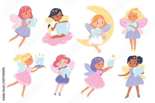 Cute tooth fairies. Little girls in airy dresses with wings, magical creatures, cartoon princess characters hold baby teeth, pediatric dentistry mascot, healthcare symbol, garish vector set