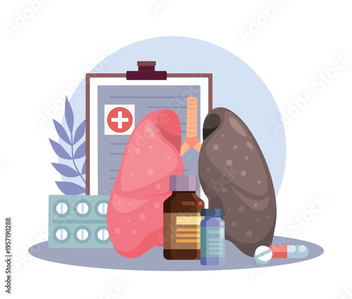 Chronic obstructive pulmonary disease. Serious illness, affected internal organ, medicine bottles, pills and laboratory vials, vector cartoon flat isolated diagnosis and treatment concept