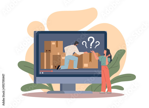 Bloggers review unpacking. Secret boxes, interesting vlogging content, blind shopping, online delivery, video interface and communication, courier and client vector cartoon isolated concept