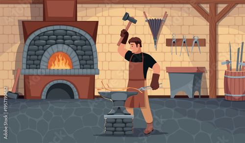 Blacksmith in shop. Professional in apron makes metal product, furnace with fire, strong man hits hammer on anvil, industrial labor workshop scene, tidy vector cartoon isolated concept