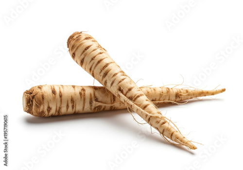 Two whole, unpeeled chicory roots crossing each other, displaying their tapered shape and natural brown striations, isolated on a clean white background.