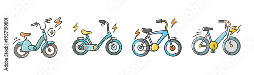 Assortment of electric bikes and mopeds with lightning bolt symbols indicating power.