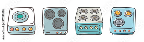 Four different styles of electric stoves with burners and control knobs.