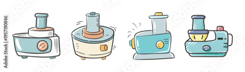 Collection of four cartoon food processors with different designs and colors