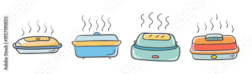 Set of four cartoon food warmers with steam in various colors and designs