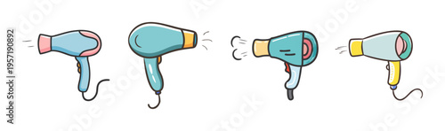 Collection of four cartoon hair dryers with steam effects, beauty and personal care.