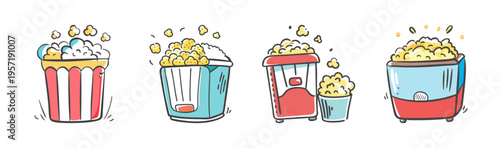 Popcorn maker and popcorn bucket icons for movie night and snack time