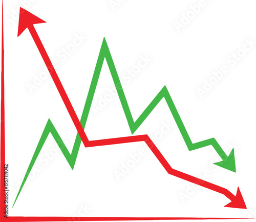 A conceptual line graph showing two contrasting data trends with red and green directional arrows Vector
