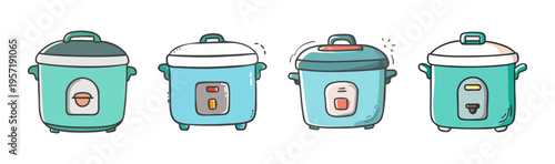Set of four cute cartoon rice cookers in different designs, kitchen appliance icons.