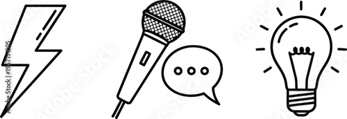 A set of three minimalist black line art icons representing energy, communication, and innovation Vector