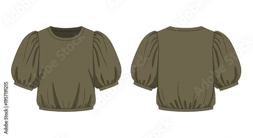 Contemporary women's loose-fit round-neck short puff sleeve top garment design illustration