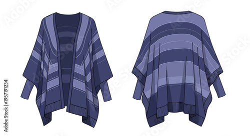 Contemporary open-front poncho technical flat sketch featuring varied blue and purple horizontal stripes. Front and back views for innovative