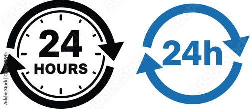 A set of two distinct twenty four hours service icons featuring a clock and a circular arrow sign Vector